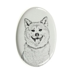 Japanischer Akita - Keramikplatte, Grabplatte, oval mit Bild eines Hundes.