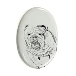 Bulldog, English Bulldog- Gravestone oval ceramic tile with an image of a dog.
