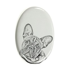 Französische Bulldogge- Keramikplatte, Grabplatte, oval mit Bild eines Hundes.