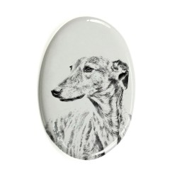 Großer Englischer Windhund- Keramikplatte, Grabplatte, oval mit Bild eines Hundes.