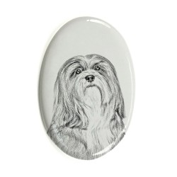 Lhasa Apso, Löwenhund- Keramikplatte, Grabplatte, oval mit Bild eines Hundes.