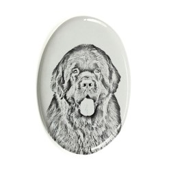 Neufundländer - Keramikplatte, Grabplatte, oval mit Bild eines Hundes.