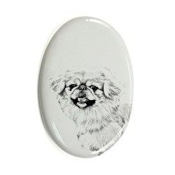 Pekinese- Keramikplatte, Grabplatte, oval mit Bild eines Hundes.