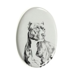 American Pit Bull Terrier- Keramikplatte, Grabplatte, oval mit Bild eines Hundes.