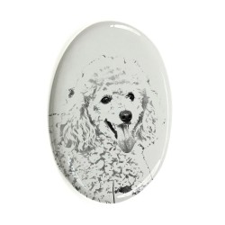 Pudel- Keramikplatte, Grabplatte, oval mit Bild eines Hundes.