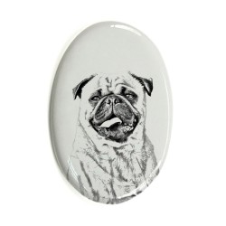 Mops- Keramikplatte, Grabplatte, oval mit Bild eines Hundes.