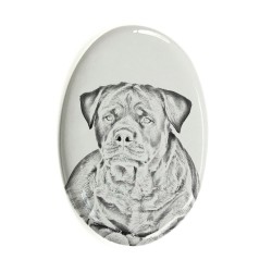 Rottweiler- Keramikplatte, Grabplatte, oval mit Bild eines Hundes.
