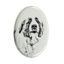 Bernhardiner- Keramikplatte, Grabplatte, oval mit Bild eines Hundes.