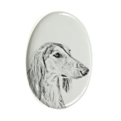 Saluki- Keramikplatte, Grabplatte, oval mit Bild eines Hundes.