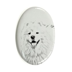 Samojede- Keramikplatte, Grabplatte, oval mit Bild eines Hundes.