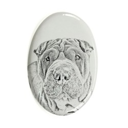 Shar Pei- Keramikplatte, Grabplatte, oval mit Bild eines Hundes.