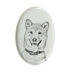 Shiba - Lastra di ceramica ovale tombale con immagine del cane.