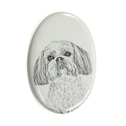 Shih Tzu- Keramikplatte, Grabplatte, oval mit Bild eines Hundes.