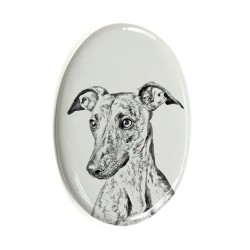 Whippet, Kleiner Englischer Windhund- Keramikplatte, Grabplatte, oval mit Bild eines Hundes.