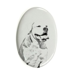 American Bulldog- Keramikplatte, Grabplatte, oval mit Bild eines Hundes.