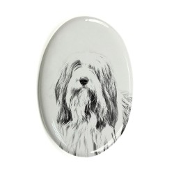Bearded Collie- Keramikplatte, Grabplatte, oval mit Bild eines Hundes.