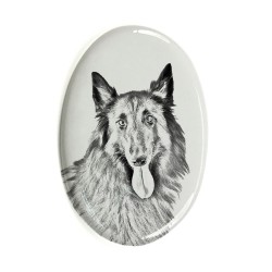 Cane da pastore belga- Lastra di ceramica ovale tombale con immagine del cane.