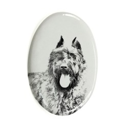 Flandrischer Treibhund- Keramikplatte, Grabplatte, oval mit Bild eines Hundes.