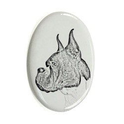 Deutsche Boxer - Keramikplatte, Grabplatte, oval mit Bild eines Hundes.