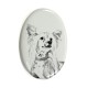 Chinesische Schopfhund- Keramikplatte, Grabplatte, oval mit Bild eines Hundes.