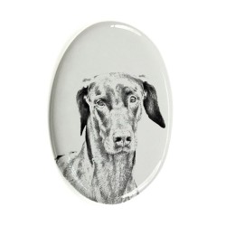 Dobermann- Lastra di ceramica ovale tombale con immagine del cane.