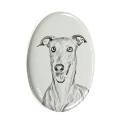Piccolo levriero italiano- Lastra di ceramica ovale tombale con immagine del cane.