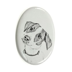 Jack Russell Terrier- Gravestone oval ceramic tile with an image of a dog.