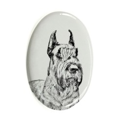 Schnauzer- Lastra di ceramica ovale tombale con immagine del cane.