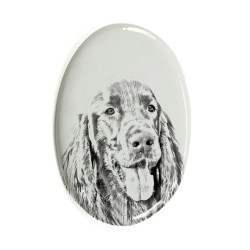Setter- Gravestone oval ceramic tile with an image of a dog.