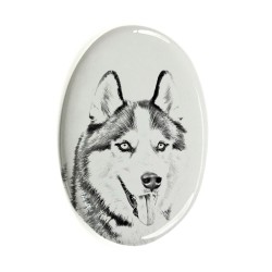 Siberian Husky- Keramikplatte, Grabplatte, oval mit Bild eines Hundes.