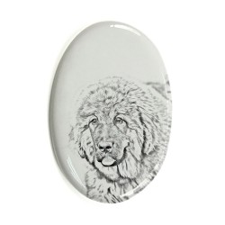 Tibetan Mastiff- Keramikplatte, Grabplatte, oval mit Bild eines Hundes.