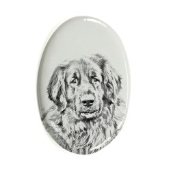 Leonberger- Keramikplatte, Grabplatte, oval mit Bild eines Hundes.
