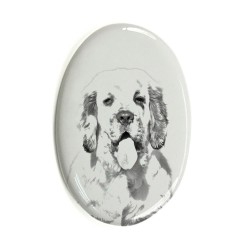 Clumber Spaniel- Keramikplatte, Grabplatte, oval mit Bild eines Hundes.