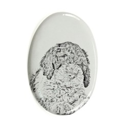 Romagna Water Dog- Gravestone oval ceramic tile with an image of a dog.
