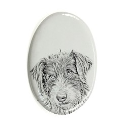 Romanian Mioritic Shepherd Dog- Gravestone oval ceramic tile with an image of a dog.