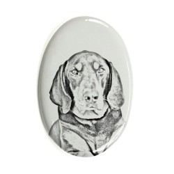 Black and tan coonhound- Keramikplatte, Grabplatte, oval mit Bild eines Hundes.