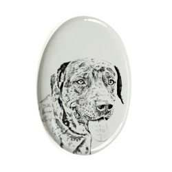 Louisiana Catahoula Leopard Dog- Keramikplatte, Grabplatte, oval mit Bild eines Hundes.