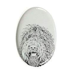 Barbet- Gravestone oval ceramic tile with an image of a dog.