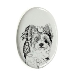 Biewer Terrier- Gravestone oval ceramic tile with an image of a dog.