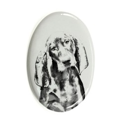 Black and tan coonhound- Keramikplatte, Grabplatte, oval mit Bild eines Hundes.