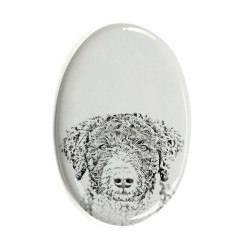 Spanish Water Dog- Gravestone oval ceramic tile with an image of a dog.