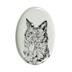 Mudi- Keramikplatte, Grabplatte, oval mit Bild eines Hundes.