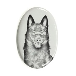Schipperke- Keramikplatte, Grabplatte, oval mit Bild eines Hundes.