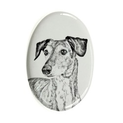 Lévrier arabe- Plaque céramique tumulaire, ovale, image du chien.