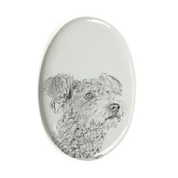Pumi- Keramikplatte, Grabplatte, oval mit Bild eines Hundes.
