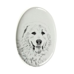 Mastín dei Pirineo- Lastra di ceramica ovale tombale con immagine del cane.
