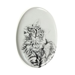 Gatto delle foreste norvegesi- Lastra di ceramica ovale tombale con immagine del gatto.