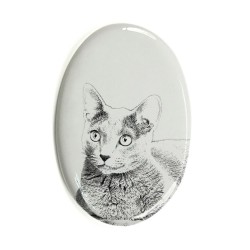 Blu di Russia- Lastra di ceramica ovale tombale con immagine del gatto.