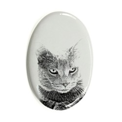 Chartreux- Lastra di ceramica ovale tombale con immagine del gatto.