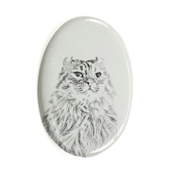 American Curl- Lastra di ceramica ovale tombale con immagine del gatto.